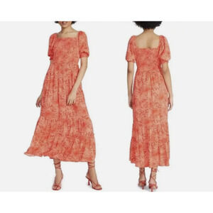 Betsey Johnson Dress Palms of Paradise Smocked Tiered Orange Midi Size Large